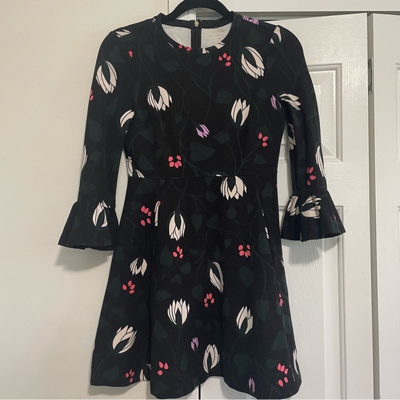 Kate Spade Black Dress Floral Bell Sleeve Size XS - Picture 1 of 8